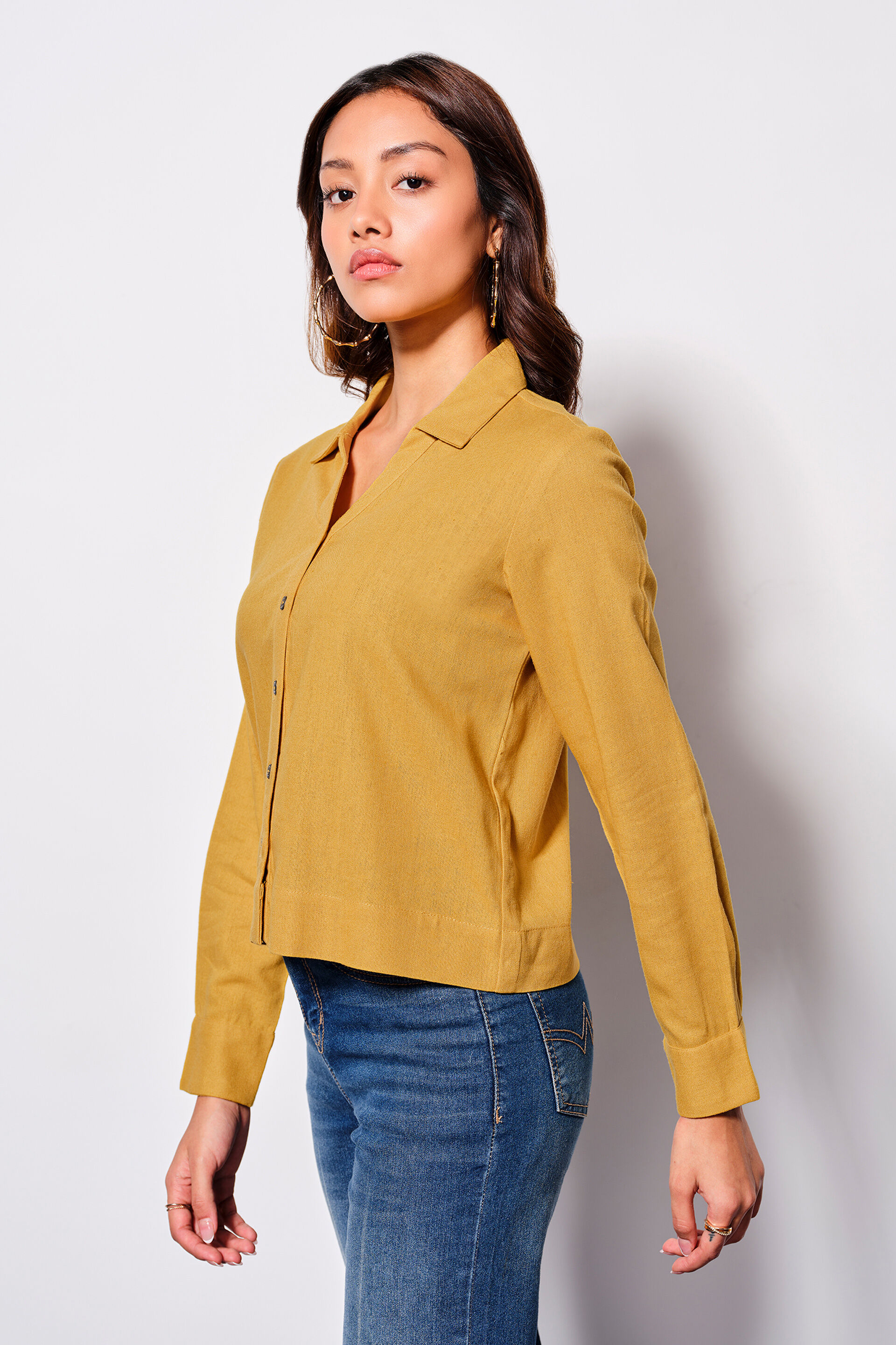 Mellow Yellow Viscose Blend Cropped Shirt, Yellow, image 5